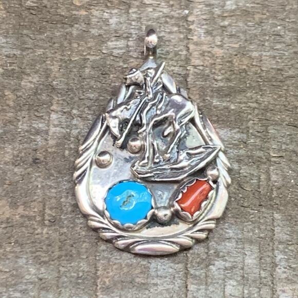 Native Sterling Silver, Red Coral and Turquoise End of the Trail Pendant by RY